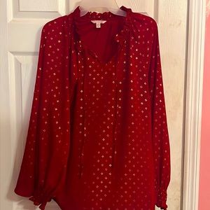 V neck red and gold blouse